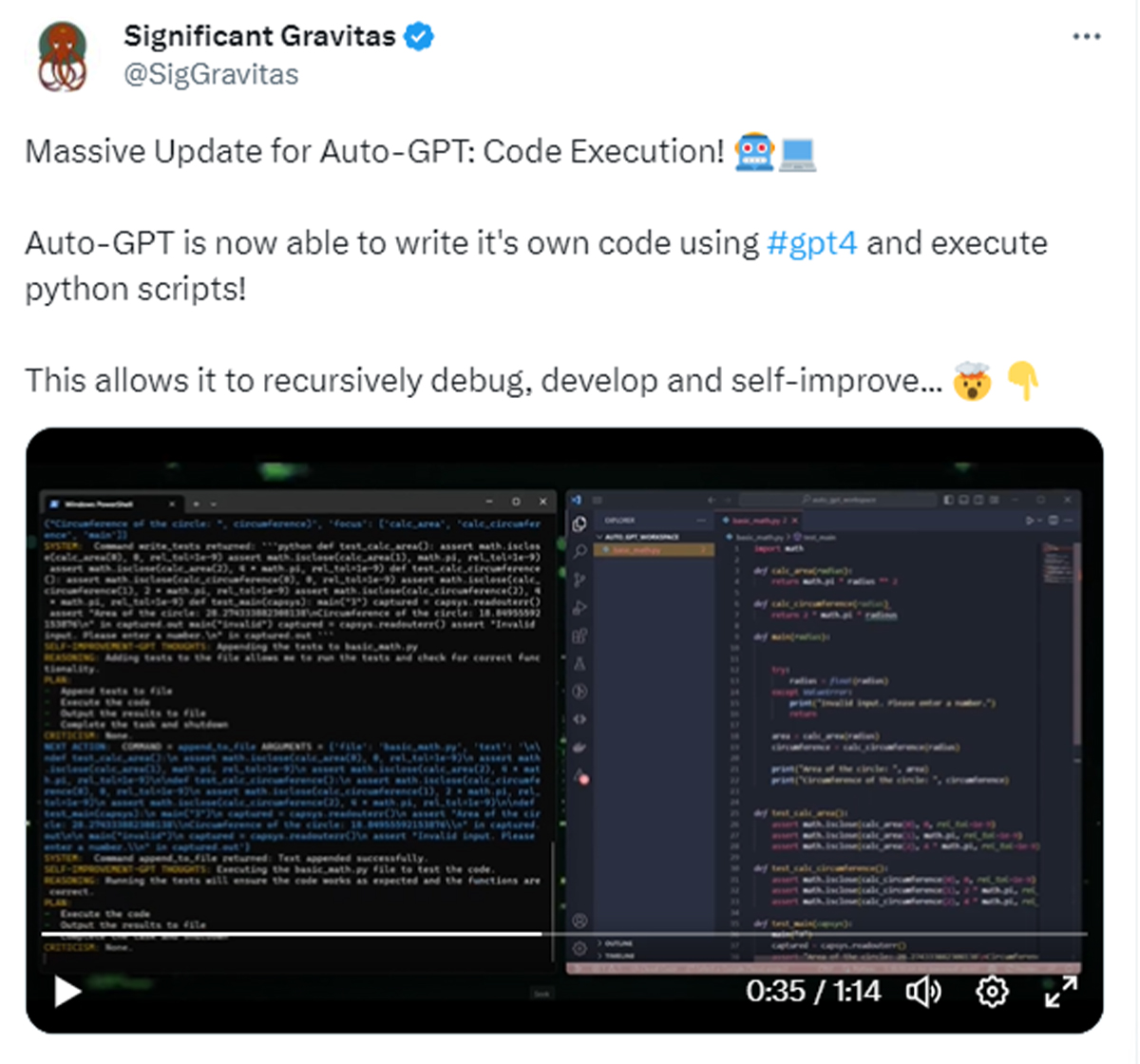 Significant Gravitas tweet about AutoGPT coding