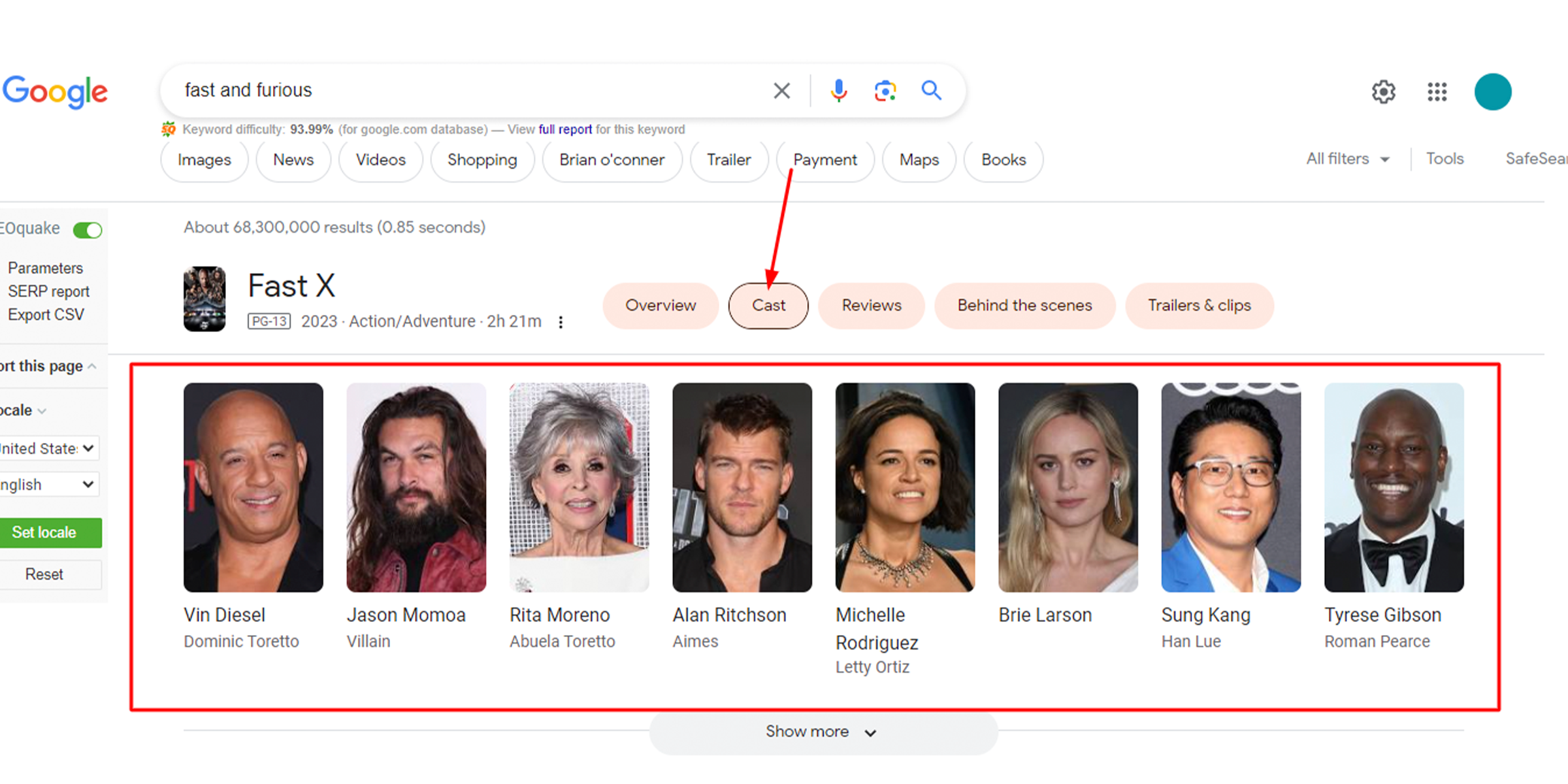 Knowledge Graph showing films cast Fast X