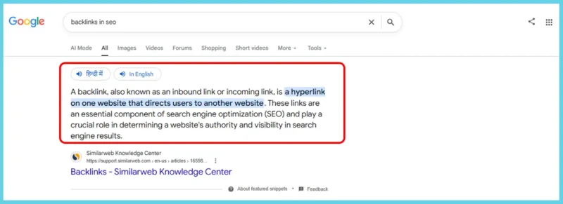  Google search results with a Featured Snippet defining a backlink.
