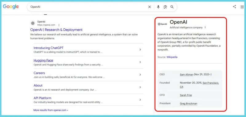 Google search results with a Knowledge Panel for OpenAI.