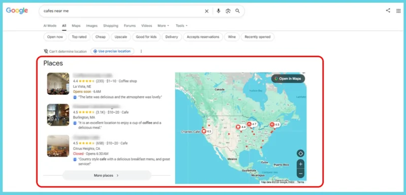 Google's Local 3-Pack with three café listings and a map.