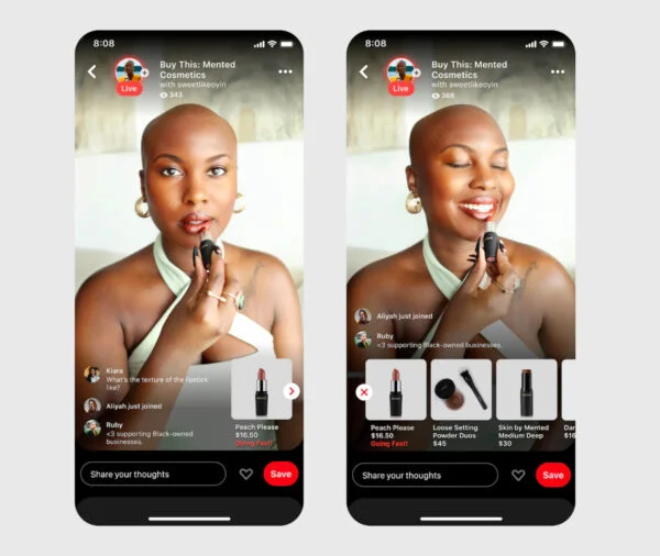 Influencer selling makeup live on a mobile stream.