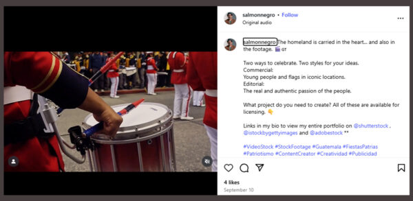 The Instagram post promotes the video as available for stock licensing on different platforms