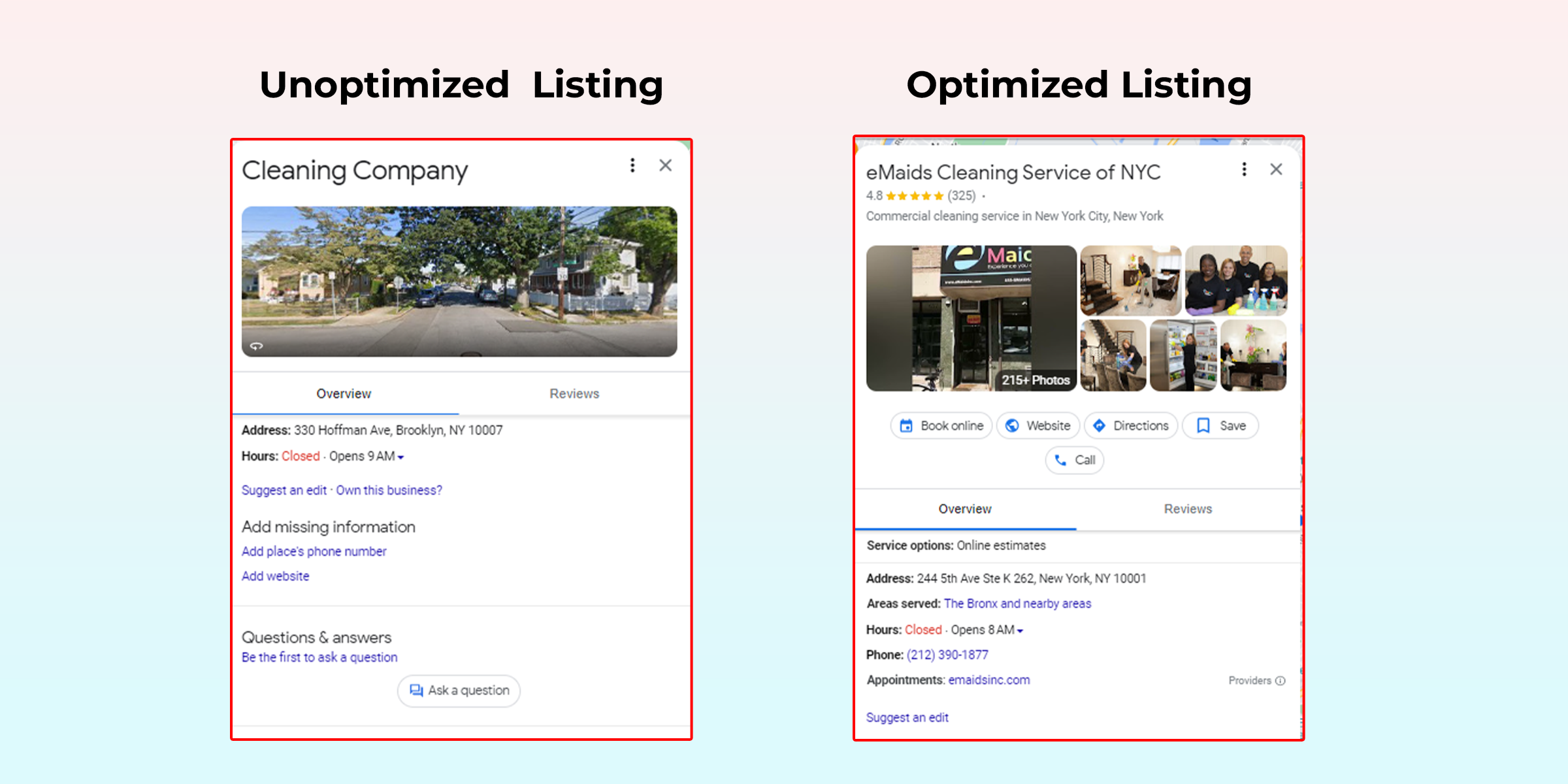 google my business optimization optimized vs unoptimized listing
