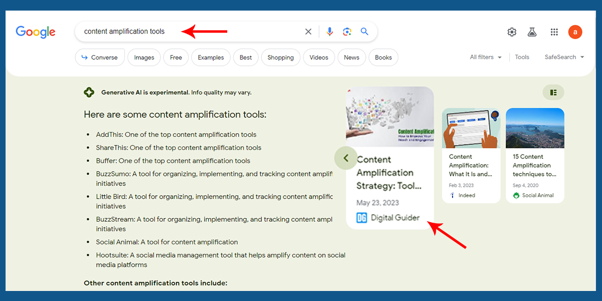 Search generative results for query- 'content amplification tools'