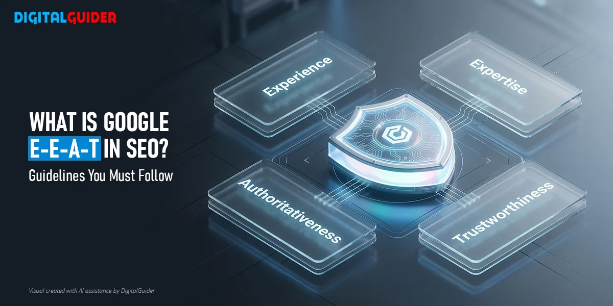 Infographic explaining Google E-E-A-T SEO guidelines: Experience, Expertise, Authoritativeness, and Trustworthiness.