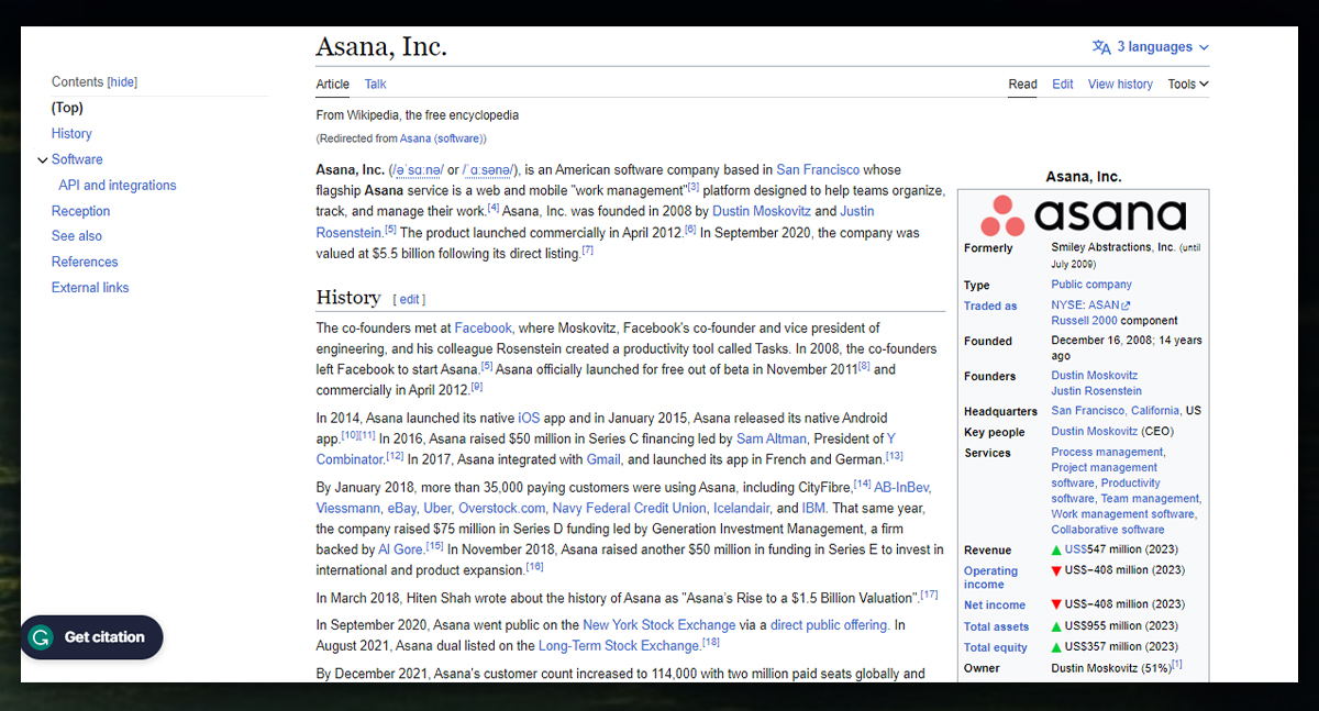 Asana software company Wikipedia page