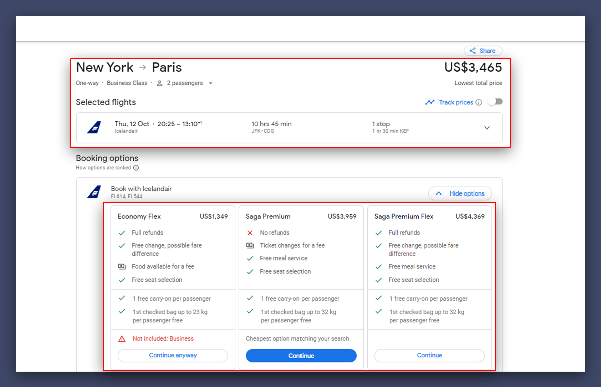 Booking on google flights