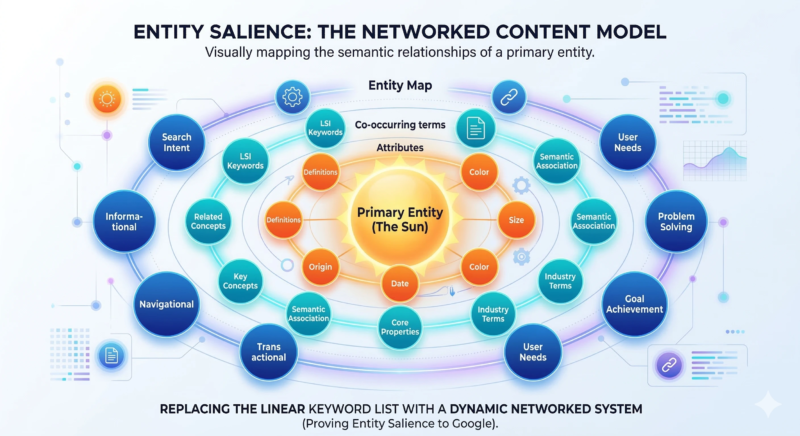 A circular infographic titled "Entity Salience: The Networked Content Model" showing a central "Primary Entity" sun orbited by attributes, co-occurring terms, and user intent layers.