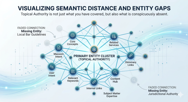A "spider web" chart illustrating topical authority. Most lines connect, but faded, dotted lines are labeled "Missing Entity: Jurisdictional Authority" and "Missing Entity: Local Bar Guidelines."