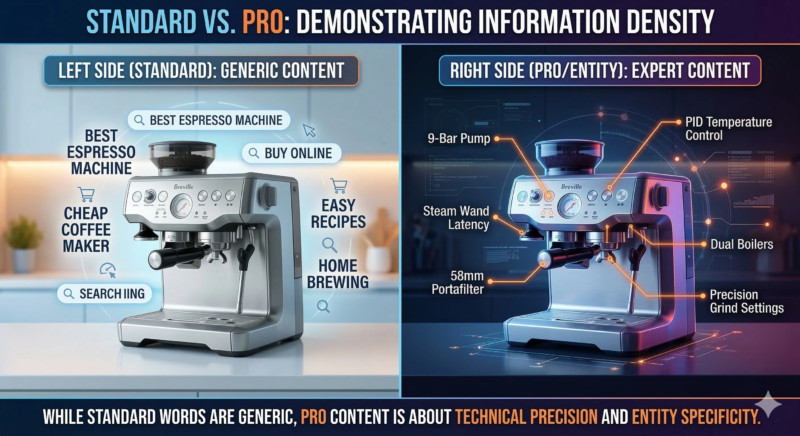 A split-screen comparison of an espresso machine. The left side shows generic keyword clouds like "Best Espresso Machine," while the right side shows technical callouts like "9-Bar Pump" and "PID Temperature Control."