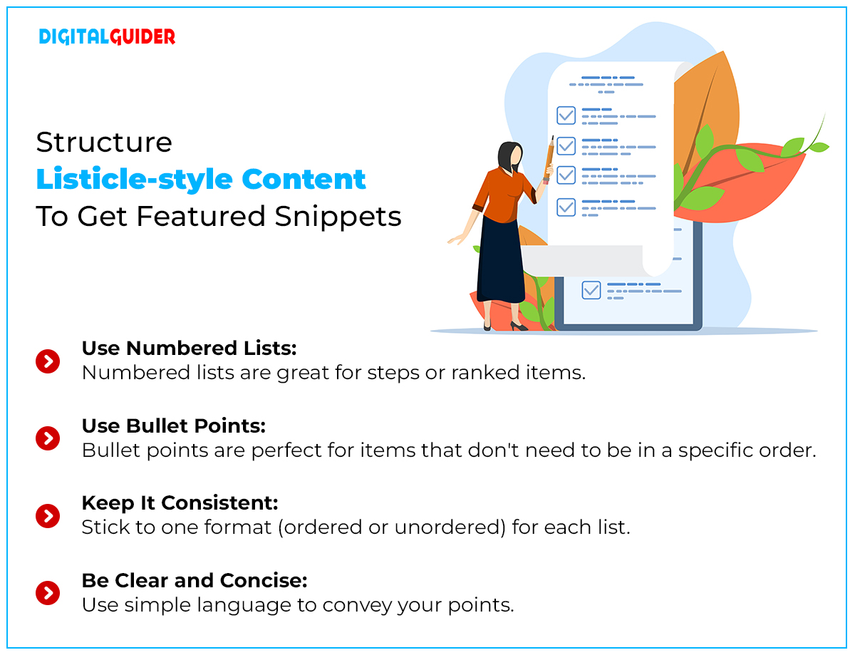 Structure listicle-style Content for feature snippet