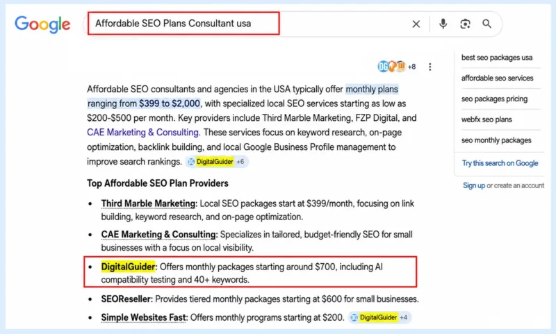 Real example of DigitalGuider listing