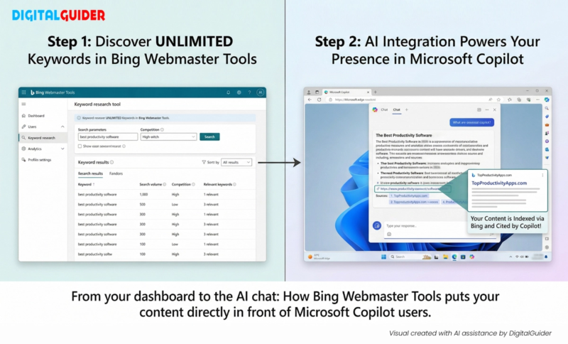 Infographic showing Bing keyword research results leading to a website citation in a Microsoft Copilot AI answer.
