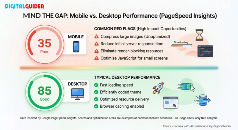  Infographic comparing poor mobile (35) vs. good desktop (85) PageSpeed scores.