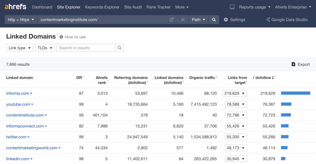 Dashboard showing a list of linked domains with SEO metrics like Domain Rating and organic traffic.