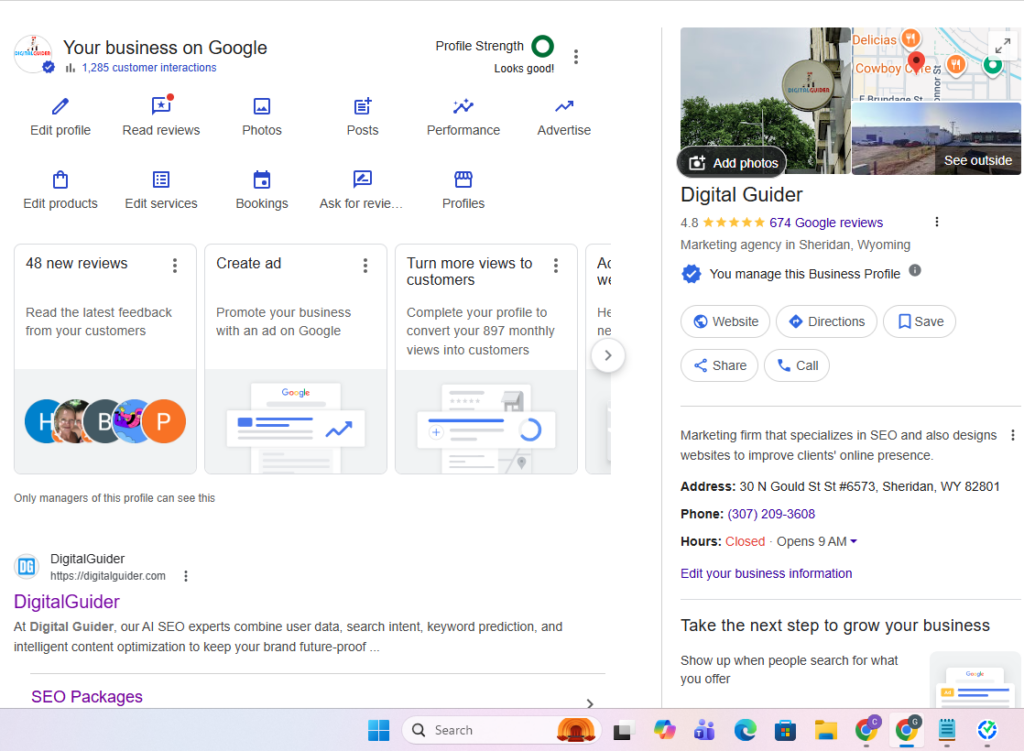 Google Business Profile interface showing local SEO metrics, customer reviews, and business information for Digital Guider