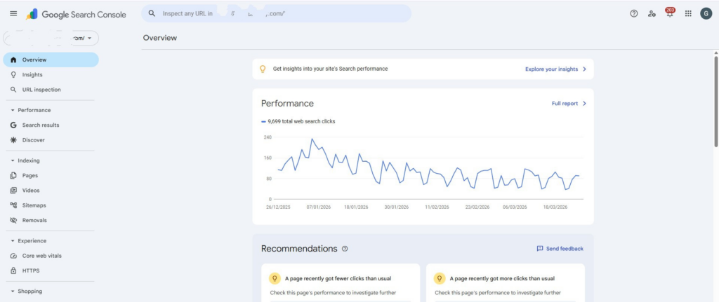 Google Search Console dashboard showing a performance graph of total web search clicks and site recommendations.