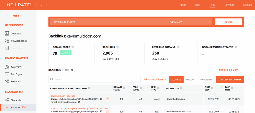 neilpatel backlink report showing Domain Score, total backlinks, and referring domains for a website