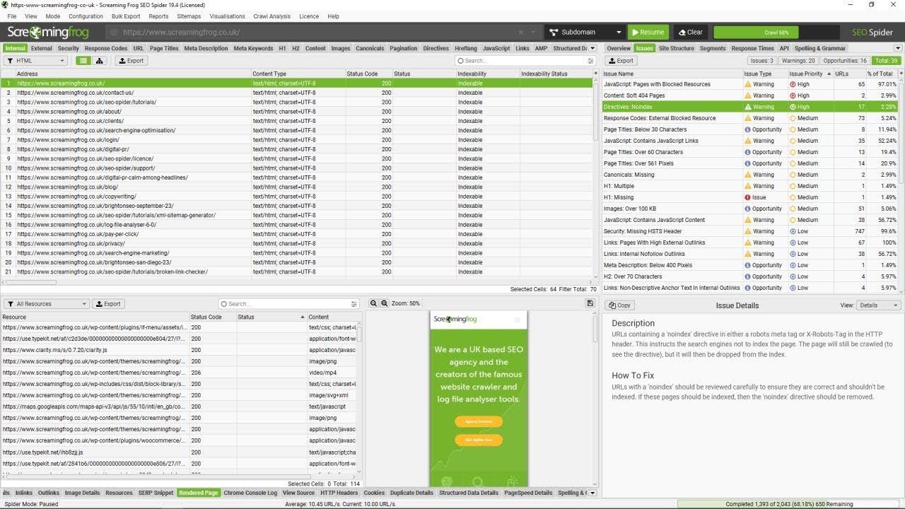 Screaming Frog SEO Spider interface displaying a technical website crawl with indexability status and issue summaries