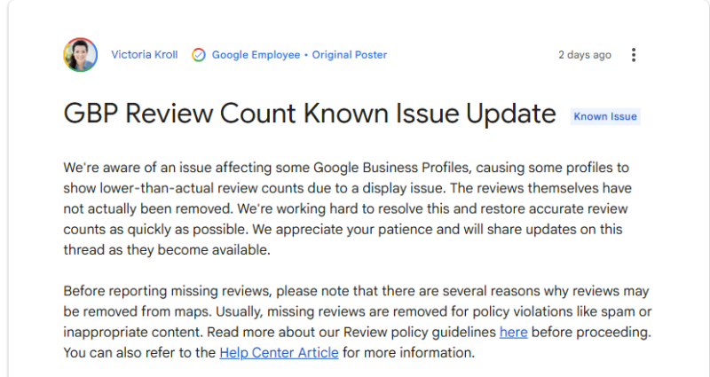Google's statement regarding missing GBP review count