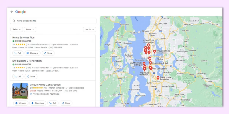 Google Maps search results showing local remodeling businesses
