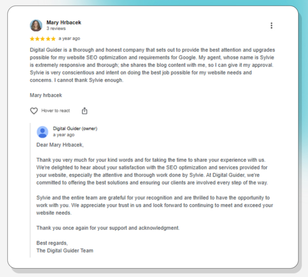 Screenshot of a response by Digital Guider to customer's review