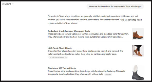 Example showing search responses in Chatgpt