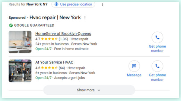 Google Guaranteed HVAC repair service ads with contact and rating info in New York
