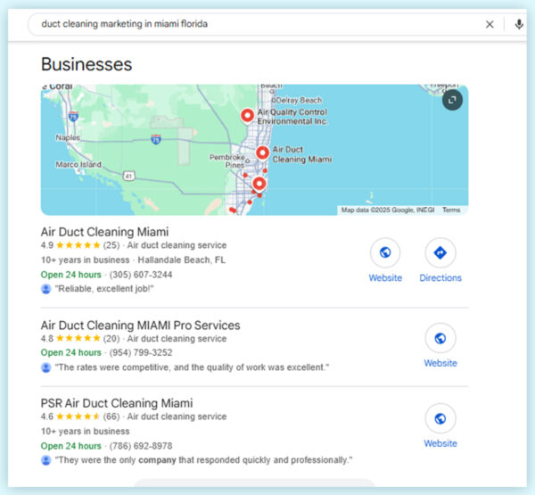 Google local map pack showing top duct cleaning companies in Miami