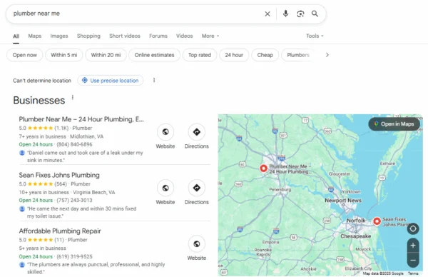 Local 3-pack results for query - 'plumber near me'