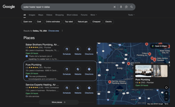Plumbing SEO strategies - showing local 3-pack results