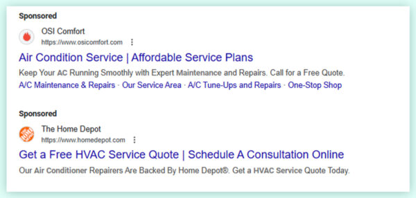 Sponsored HVAC service ads by OSI Comfort and Home Depot in Google search