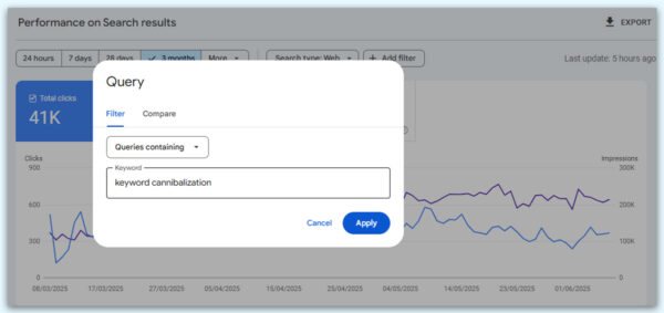 GSC filter query for identifying Keyword Cannibalization