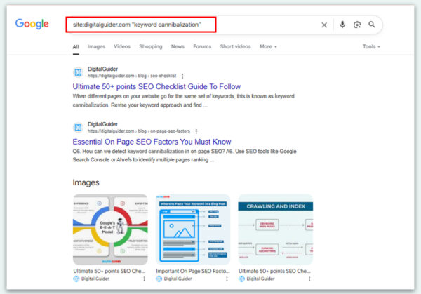 Google quick trick function to identify cannibalization