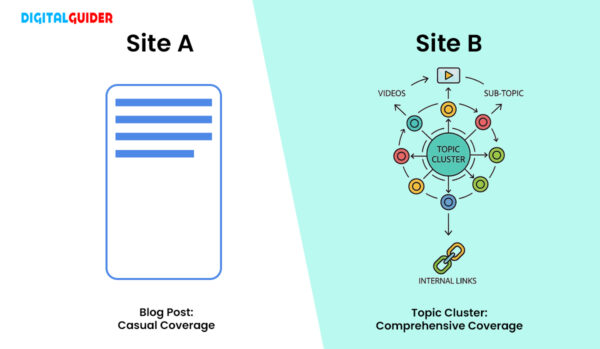 Comparison of two websites - one with a single blog post, the other with relevant topic clusters