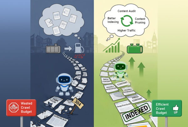 Googlebot on outdated pages wasting crawl budget vs. pruned fresh content boosting indexing & traffic.