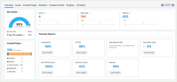 SEO tool dashboard displaying a site health score & various reports