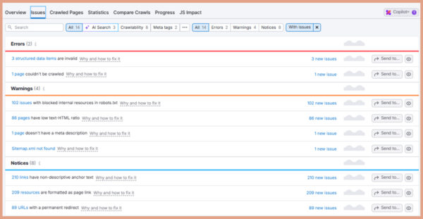 SEO tool showing a list of website crawl issues, including errors, warnings, and notices.