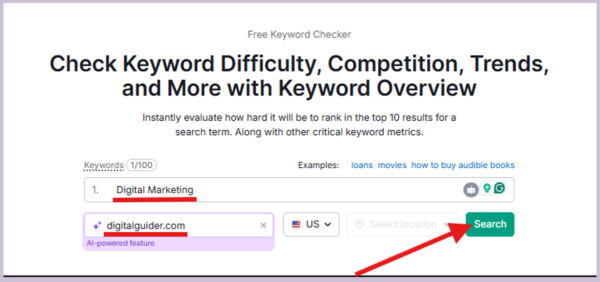 Semrush is showing a search to check keyword difficulty, topical authority, & trends.