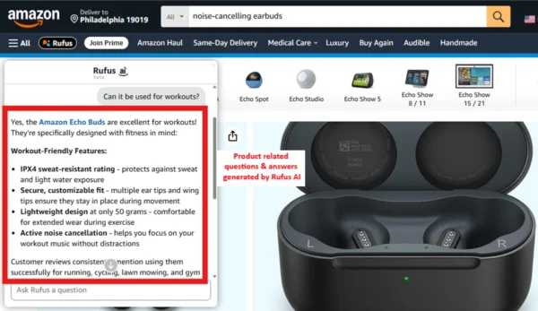 Amazon Rufus showing answers based on product related queries