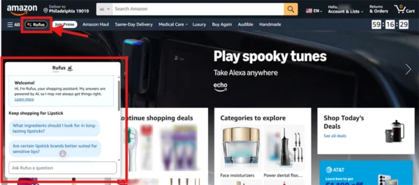 Amazon homepage showing the Rufus AI shopping assistant in a chat window