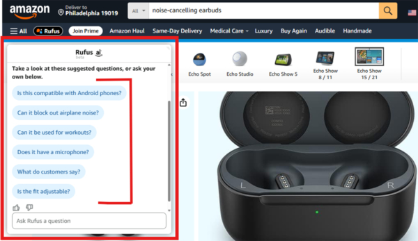 Amazon showing the Rufus AI assistant suggesting product-related questions