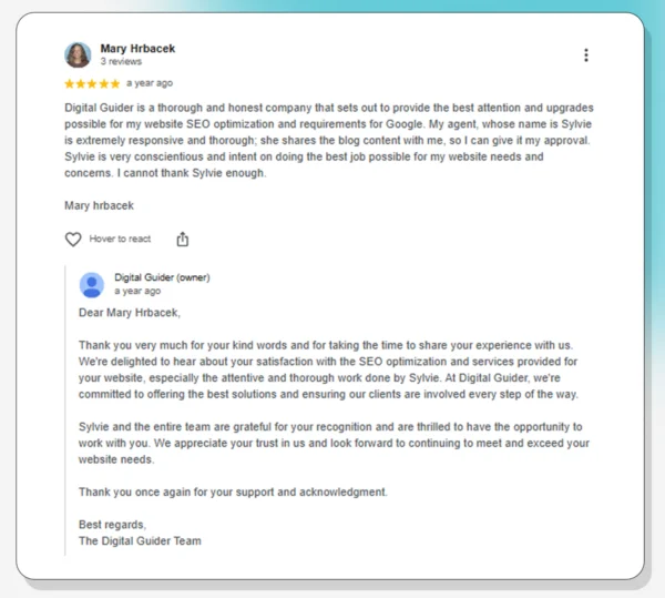 Screenshot of a response by Digital Guider to customer's review