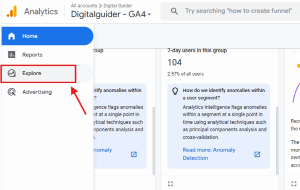 navigational screenshot showing explore section in GA4 for tracking dark social 