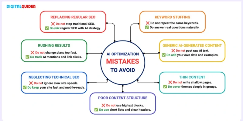 Diagram showing seven mistakes to avoid when optimizing your website for AI search engines.