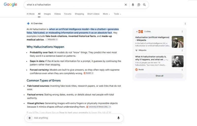 Google AI Overview screen explaining what AI hallucination means, why it happens, and common AI mistakes.