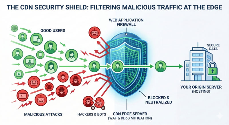 Figure 3: How a CDN filters malicious bot traffic at the edge to prevent server crashes and maintain search visibility.