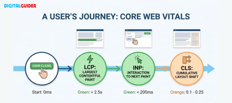 Linear timeline of a page load, showing the key moments Google measures to calculate your User Experience score.