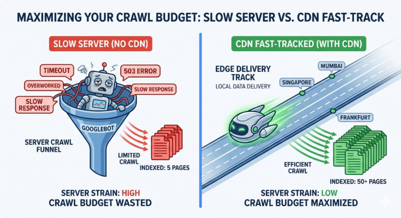 Figure 4: Infographic comparing Googlebot crawl efficiency on a slow origin server versus a fast-track CDN edge network with maximized crawl budget.